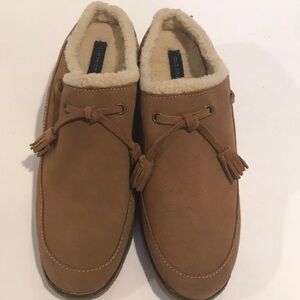 Lands’End faux suede booties clogs mules camel Clr